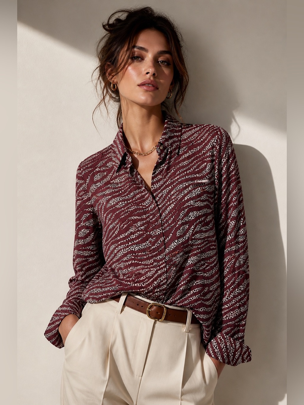 Boden 100% Silk Zebra Print Blouse Burgundy Button Front Long Sleeve Size 8